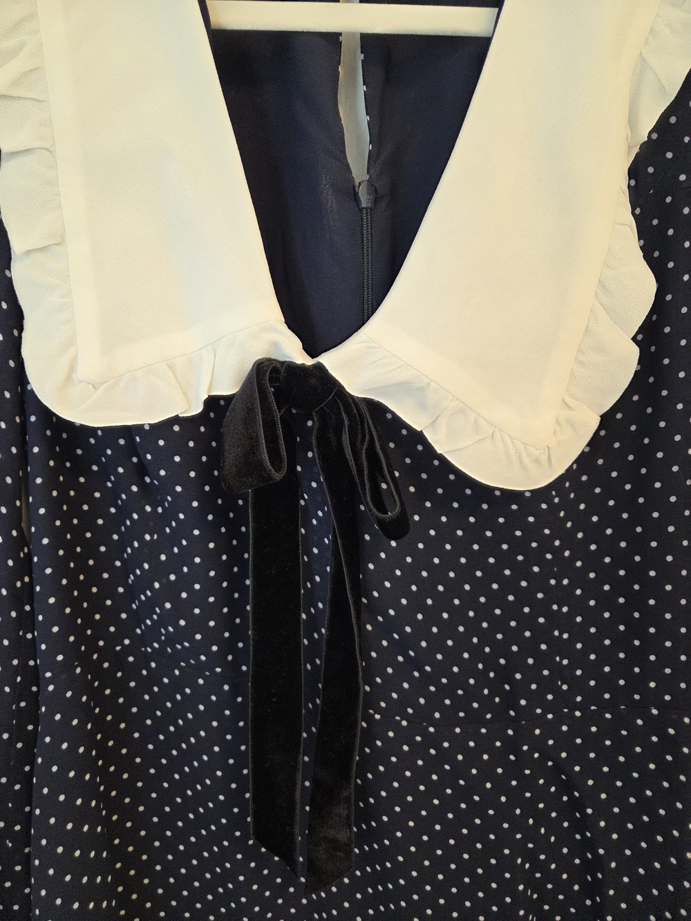 Reformation Edalene Navy Polka Dot Mini Dress with White Ruffle Collar - Picture 3 of 5